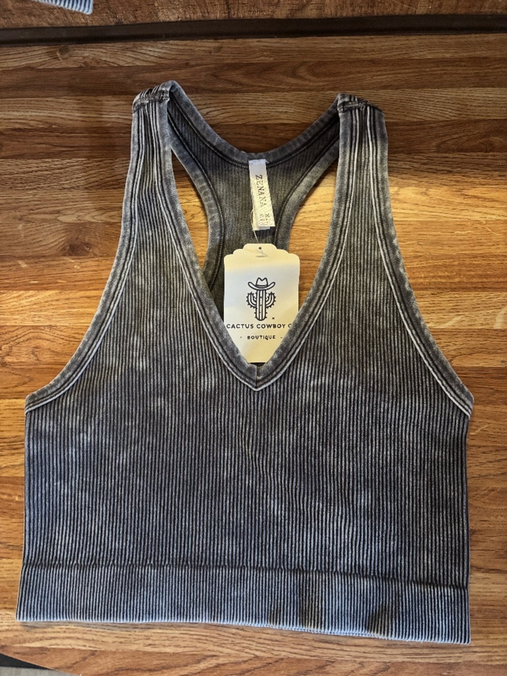 Zenana Washed Ribbed Racerback Crop Tank/Bralette Charcoal Gray S/M